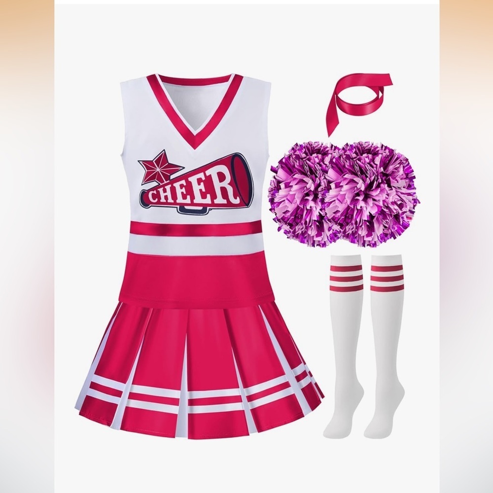 NWT Cheerleader Costume w/Pom Poms, hair ribbon and striped socks. Medium 8-10yr